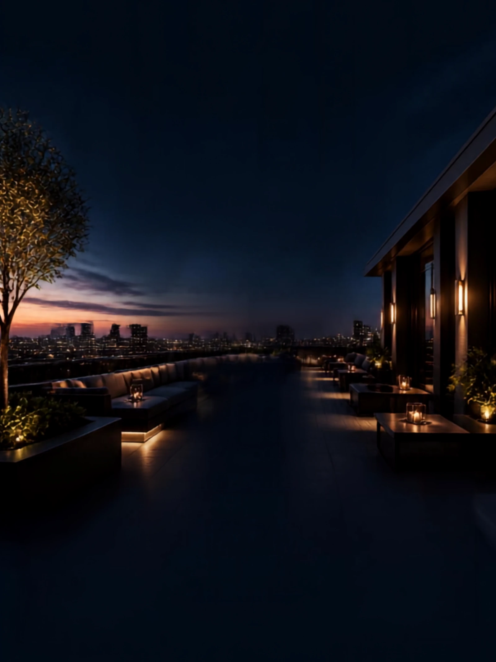 Blue-hour rooftop overlooking the city